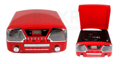Ретро-проигрыватель с винилом, радиоприемником, CD и USB, красный