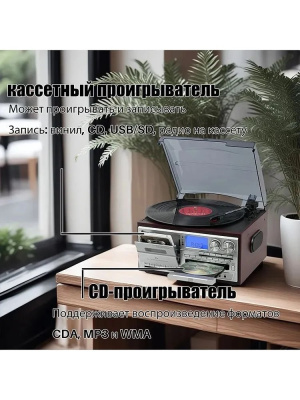 Виниловый проигрыватель FM-радио, CD / MP3, магнитофон, USB / micro-SD, Bt, SW-808