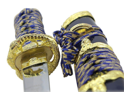Танто, японский кинжал, золотисто-синие ножны