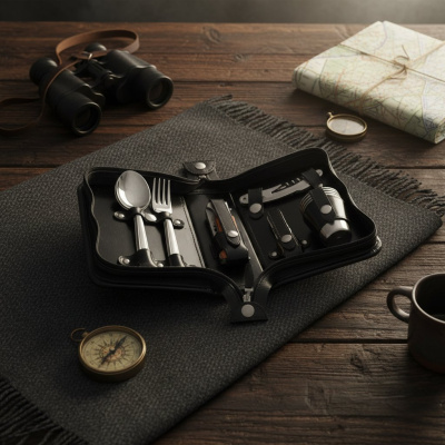 Набор дорожный в сумке из натуральной кожи (4 персоны)