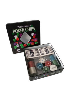 Покерный набор на 100 фишек с номиналом в мет. коробке + 2 колоды карт, арт. РРК100