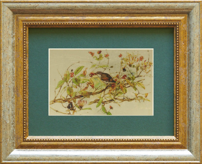 Картина на сусальном золоте «Птички в жимолости»