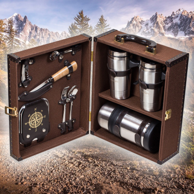 Набор посуды для поездок «Авто-Комфорт Компакт — 2 коричневый» кожа-ткань (2 персоны)