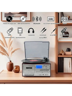Виниловый проигрыватель FM-радио, CD / MP3, магнитофон, USB / micro-SD, Bt, SW-808