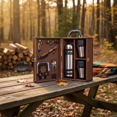 Набор посуды для поездок «Авто-Комфорт Компакт — 2 коричневый» кожа-ткань (2 персоны)