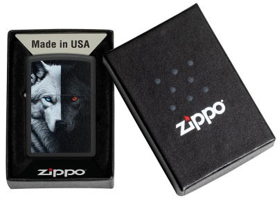 Зажигалка ZIPPO Two Wolves с покрытием Black Matte, латунь/сталь, черная, 38x13x57 мм (без бензина)