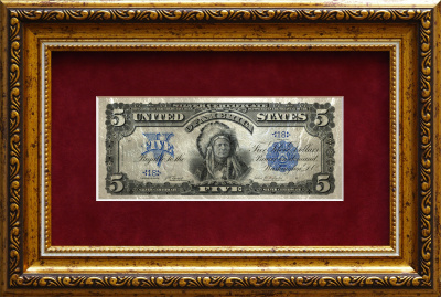 Картина на белом сусальном золоте банкнота-сертификат «Пять долларов "Индеец"»