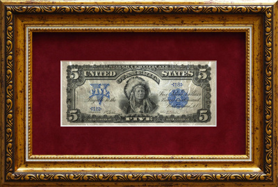 Картина на белом сусальном золоте банкнота-сертификат «Пять долларов "Индеец"»