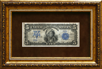 Картина на белом сусальном золоте банкнота-сертификат «Пять долларов "Индеец"»