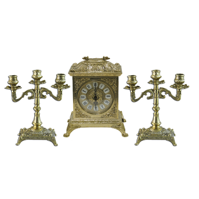 Часы каминные "Ларец" и 2 канделябра "Венеция" на 3 свечи, золото