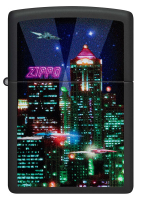 Зажигалка ZIPPO Cyber City с покрытием Black Matte, латунь/сталь, черная 38x13x57 мм Зажигалка ZIPPO Cyber City с покрытием Black Matte, латунь/сталь, черная 38x13x57 мм