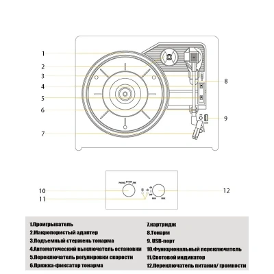 Виниловый проигрыватель "Ton Audio" с черной металлической трубой, FM/BT/USB