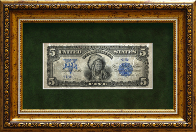 Картина на белом сусальном золоте банкнота-сертификат «Пять долларов "Индеец"»