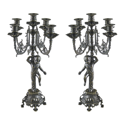 Часы каминные "Барокко" и 2 канделябра "Купидон" на 5 свечей, антик