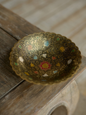Конфетница, латунь, тёмная цветная эмаль,  20  см