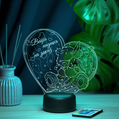 3D ночник Плюшевый мишка с зайкой