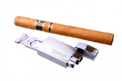 Зажигалка сигарная Lubinski Тиволи турбо с гильотиной, серебристая в полоску, WA580-1