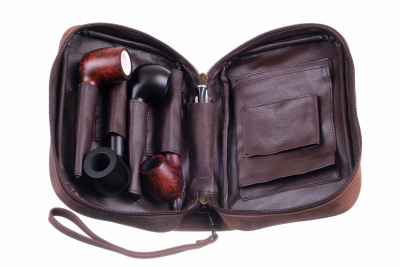 Сумка P&A для 4 трубок и табака, натуральная кожа, коричневая, подарочная упаковка