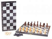 Игра 2в1 малая черная, рисунок серебро с походными деревянными шахматами (шашки, шахматы) "Классика"