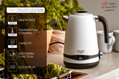 Чайник с контролем температуры Adler AD 1295W Satin White, 1,7л Чайник с контролем температуры Adler AD 1295W Satin White, 1,7л