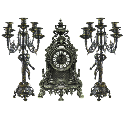 Часы каминные "Барокко" и 2 канделябра "Купидон" на 5 свечей, антик