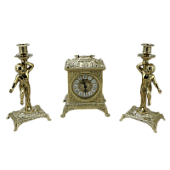 Часы каминные "Ларец" и 2 канделябра "Амур" на 1 свечу, золото