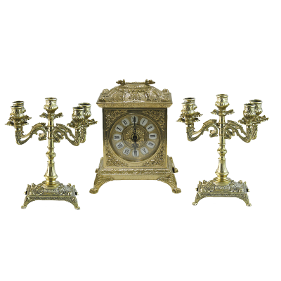 Часы каминные "Ларец" и 2 канделябра "Венеция" на 5 свечей, золото